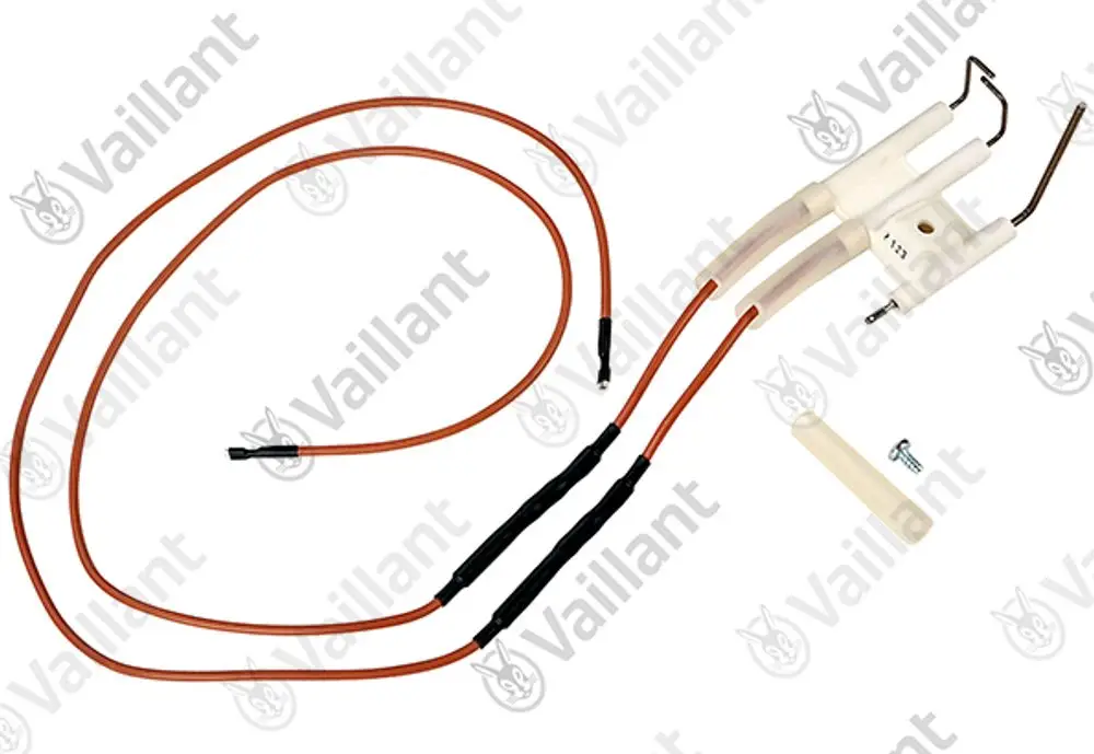 Vaillant Elektrode mit zwei Zünd- und Überwachungsleitungen in Rot, mit Kunststoffmantel und Befestigungselementen.